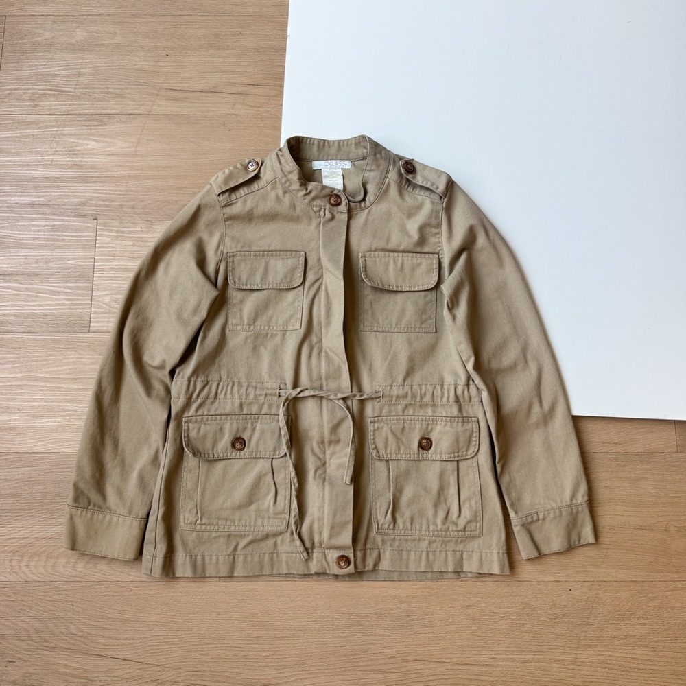 Y2K Cargo Utility Jacket Tan Khaki Cotton Small Minimal Vintage Cklass Womens